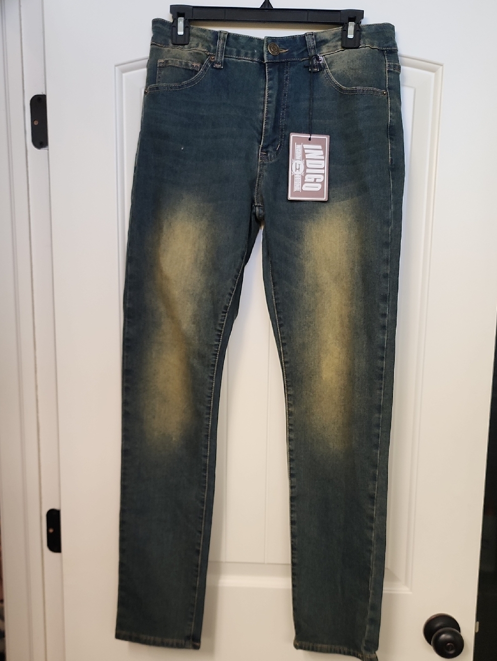 Indigo Slim Men's 32x32 Jeans in Faded Teal with Yellow Fade